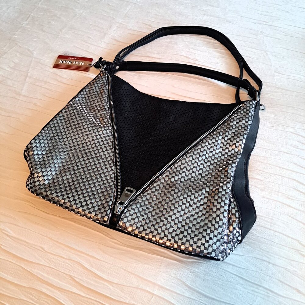 Mai Max Firenze Italy Pebbled Black PU and Silver Embellished Purse/Tote NEW